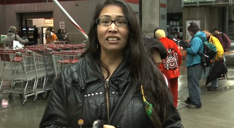 Audrey Siegel protests farmed salmon at Costco in Vancouver Jan. 24.